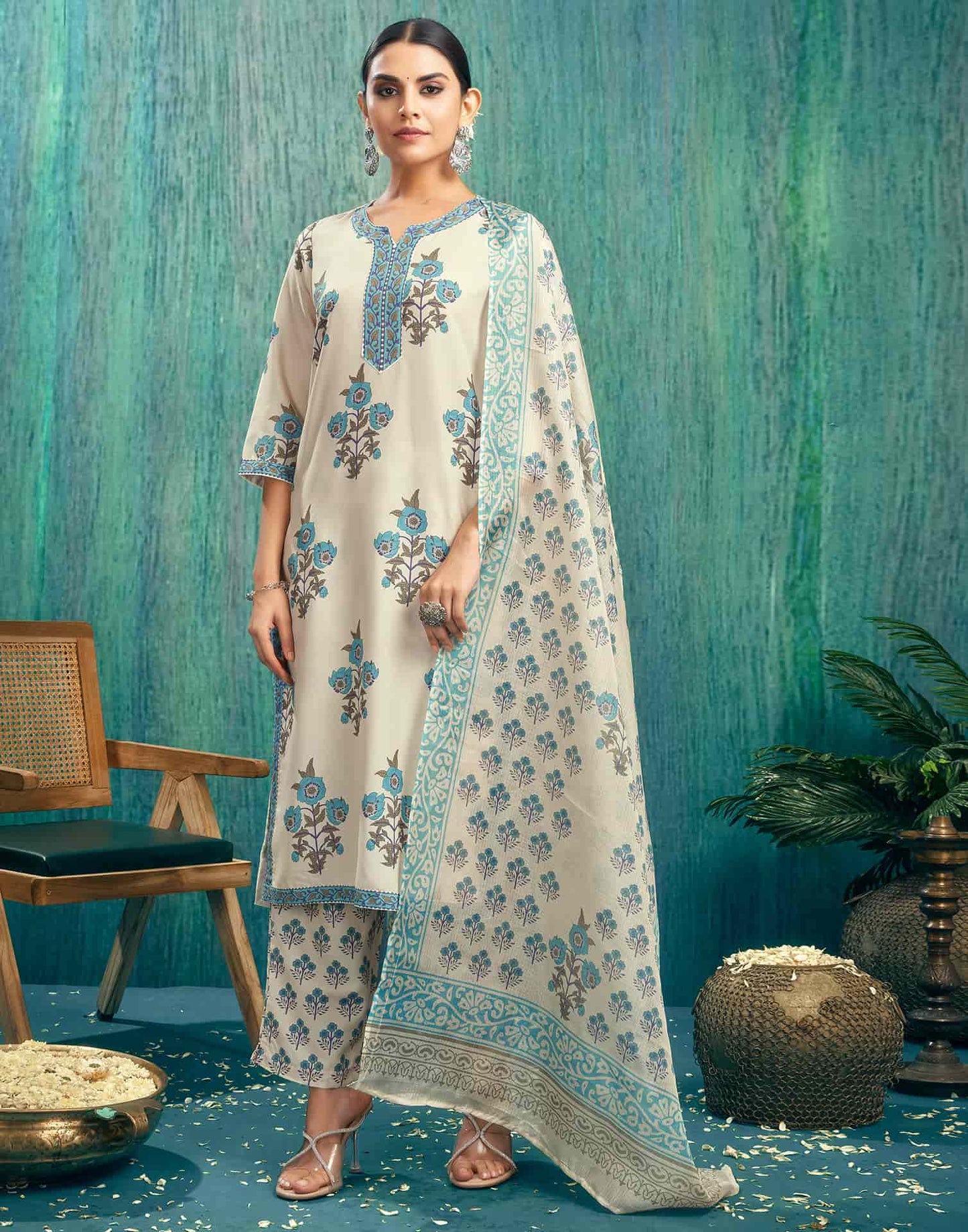 Rayon Floral Printed and Printed Lace Straight Kurta with Pant & Dupatta