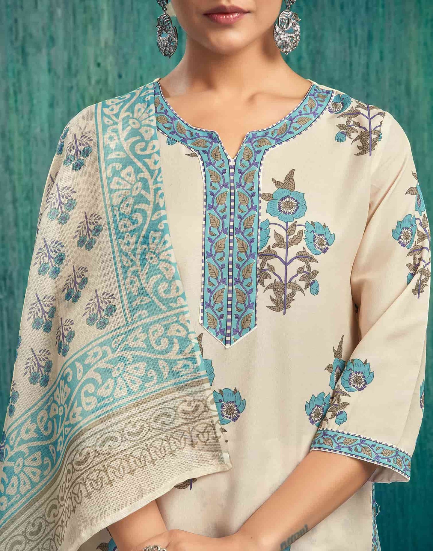 Rayon Floral Printed and Printed Lace Straight Kurta with Pant & Dupatta