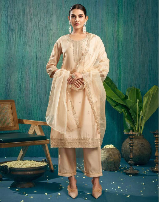 Skylee Beige silk sequence embroidered round neck kurta set with pant and dupatta