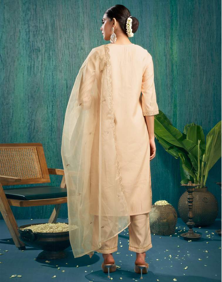 Skylee Beige silk sequence embroidered round neck kurta set with pant and dupatta
