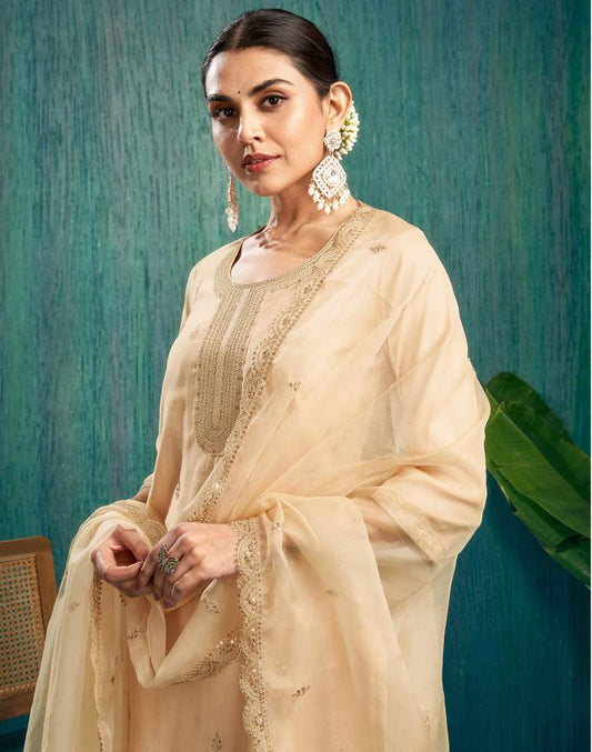 Skylee Beige silk sequence embroidered round neck kurta set with pant and dupatta