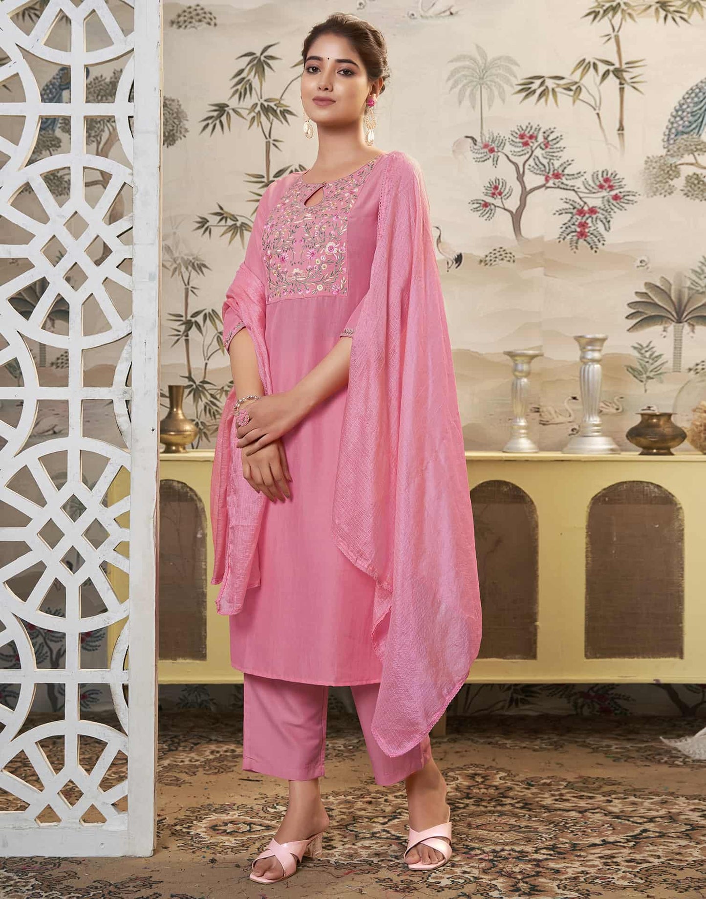 Silk Blend Dyed, Embroidery and Embroidery Lace Straight Kurta with Pant & Dupatta