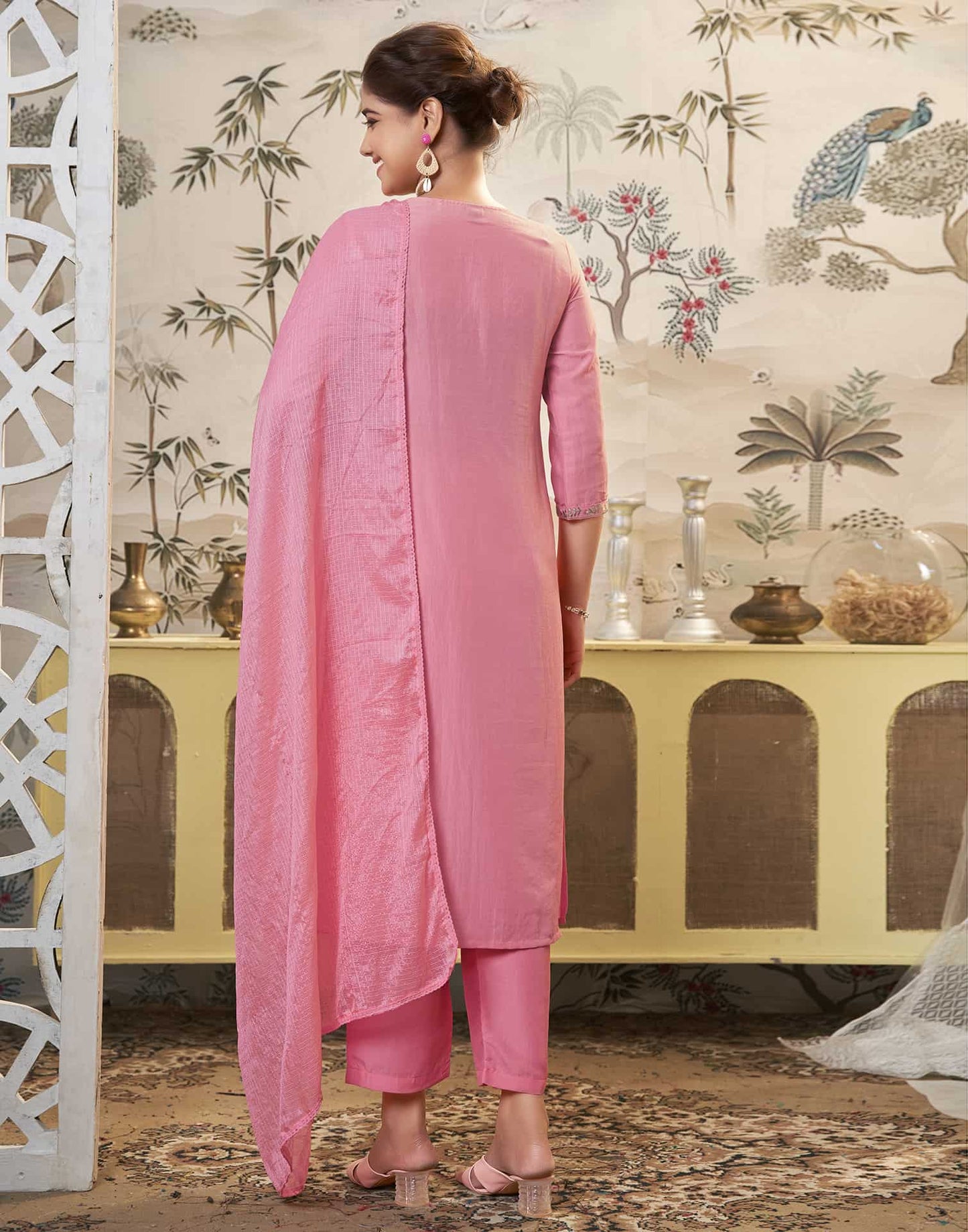 Silk Blend Dyed, Embroidery and Embroidery Lace Straight Kurta with Pant & Dupatta