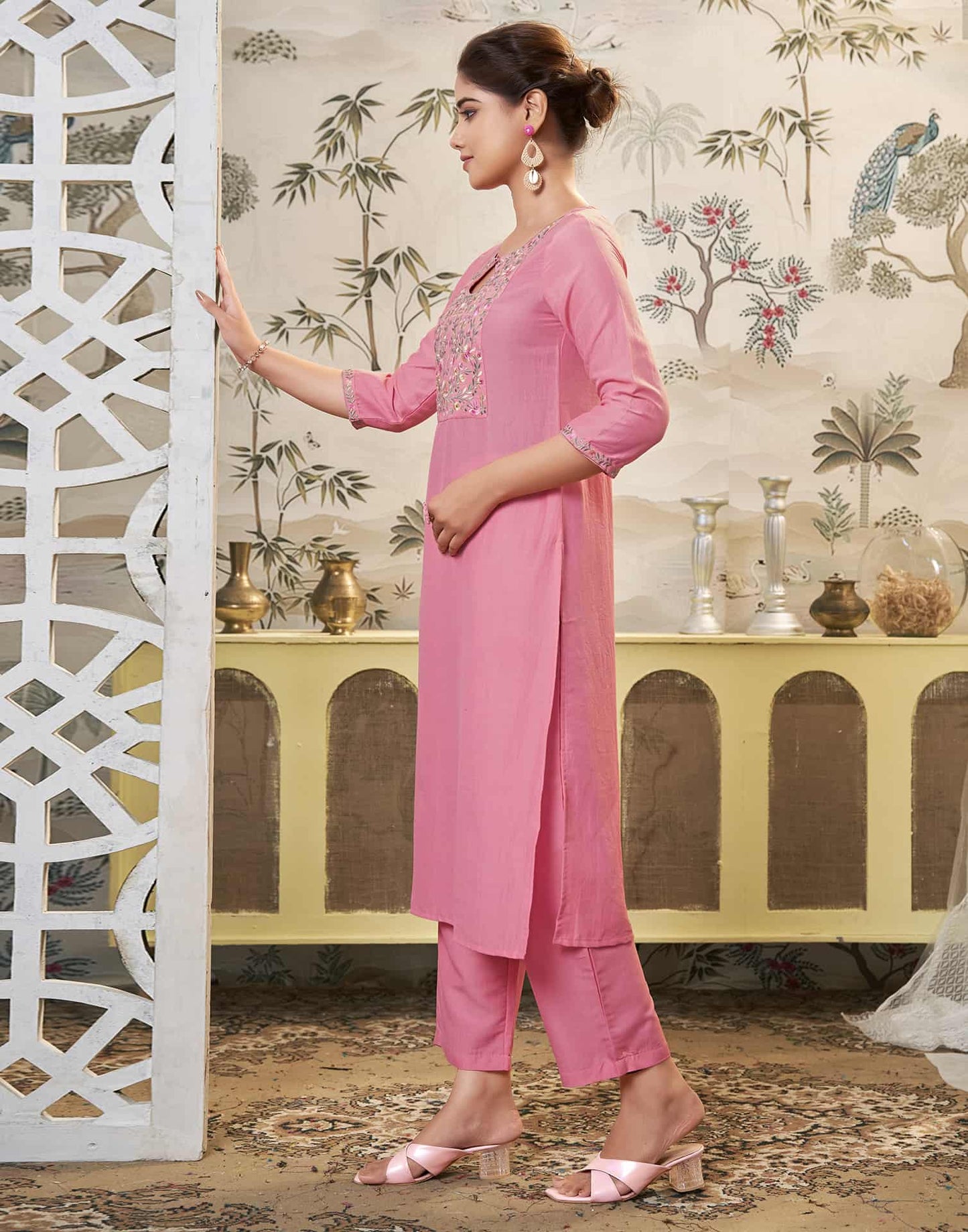 Silk Blend Dyed, Embroidery and Embroidery Lace Straight Kurta with Pant & Dupatta