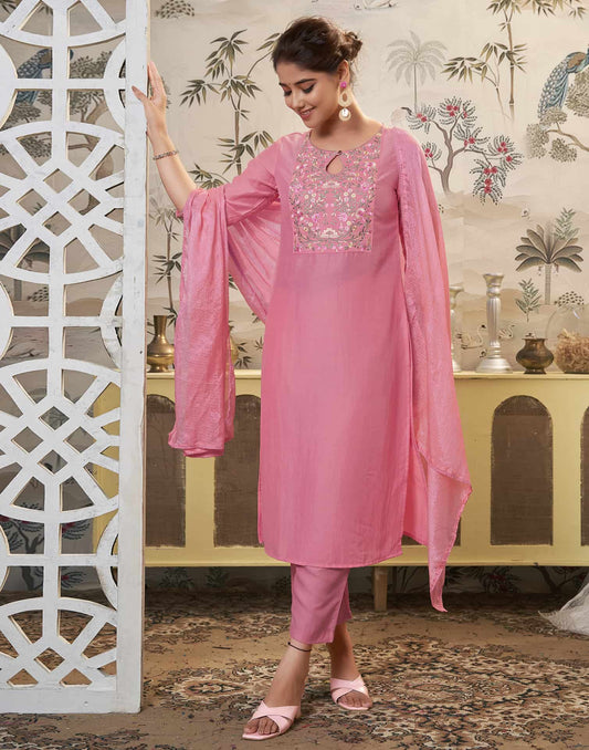 Silk Blend Dyed, Embroidery and Embroidery Lace Straight Kurta with Pant & Dupatta