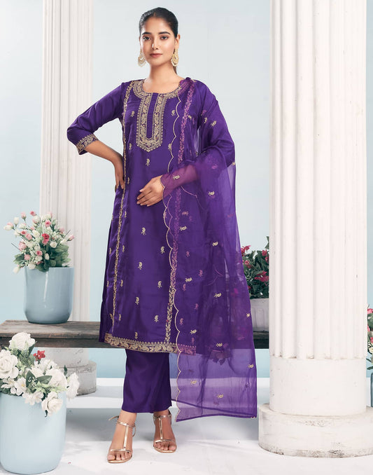 Silk Blend Embroidered Straight Kurta with Pant & Dupatta