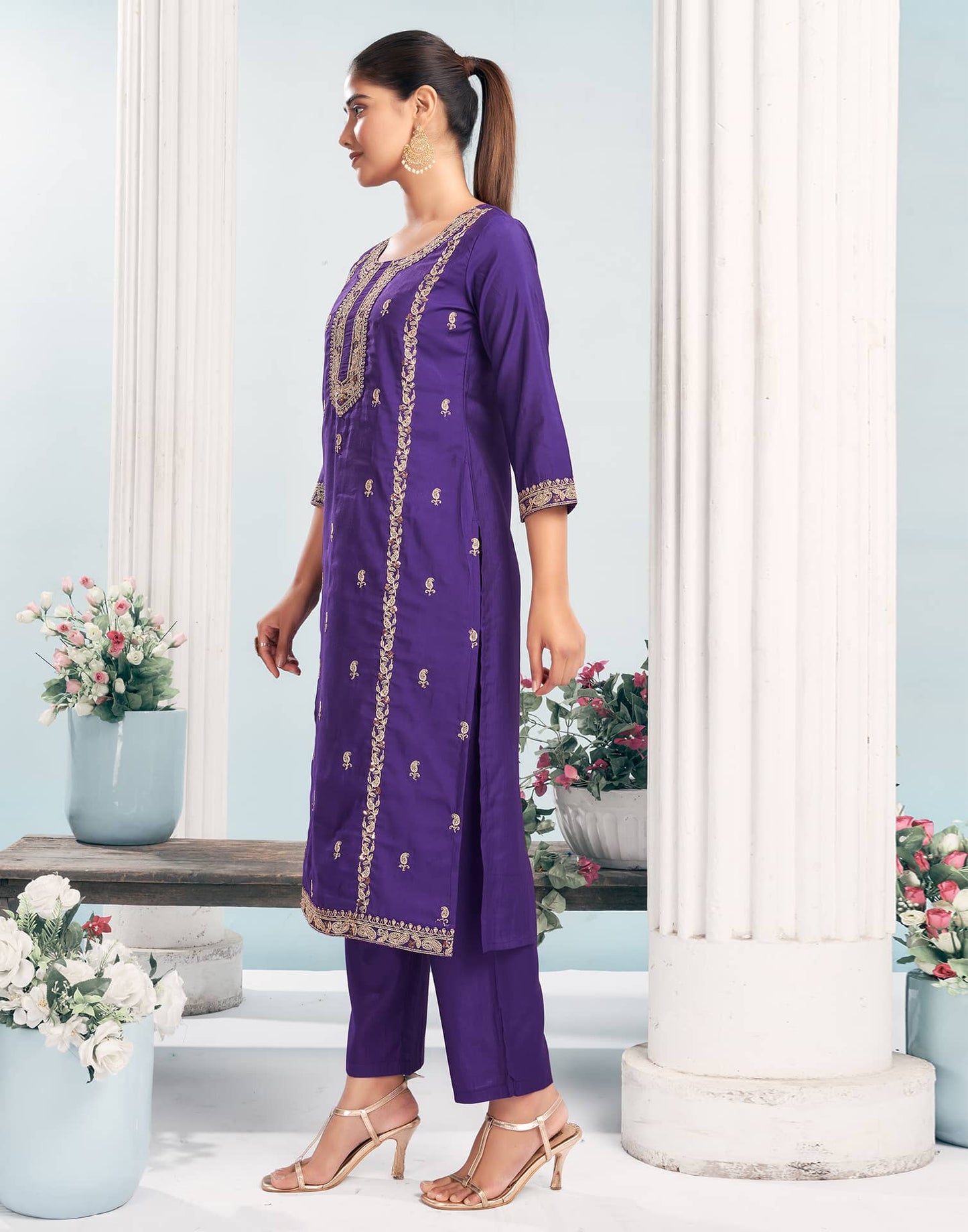 Silk Blend Embroidered Straight Kurta with Pant & Dupatta