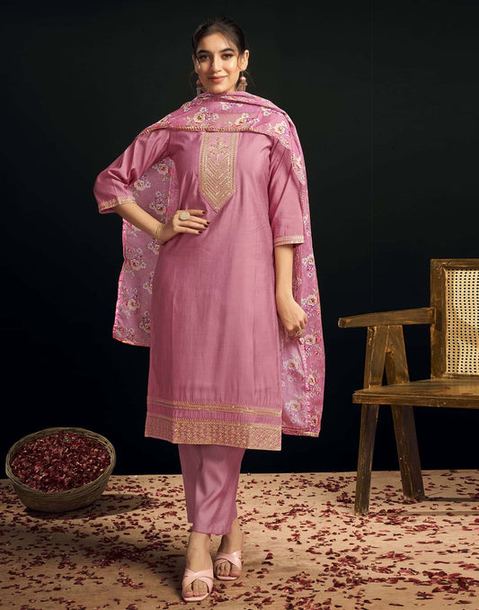 Affordable Pink Chanderi Embroidered Kurta Set with dupatta