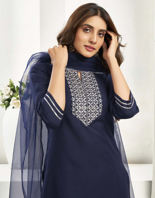 Cotton Blend Sequence, Embroidery Work and Gota Lace Straight Kurta with Pant & Dupatta