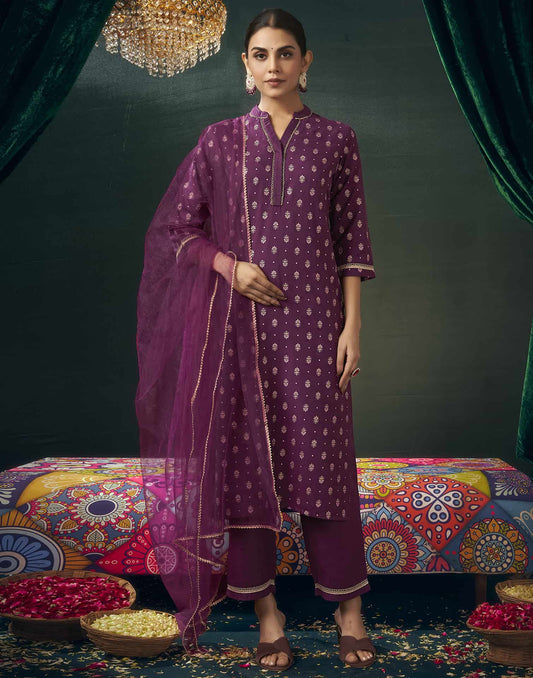 Cotton Blend Printed Straight Kurta with Pant & Dupatta