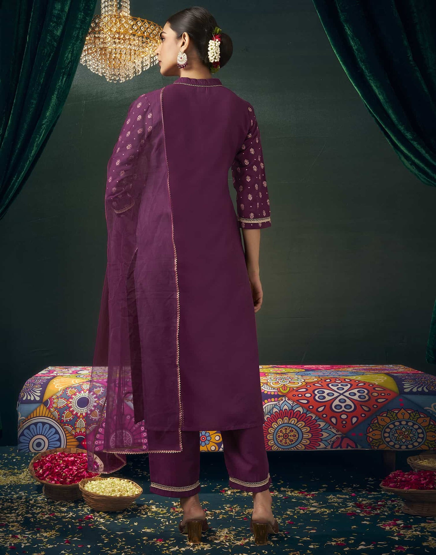 Cotton Blend Printed Straight Kurta with Pant & Dupatta