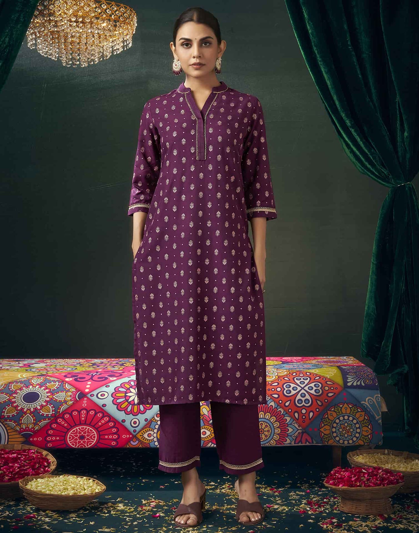 Cotton Blend Printed Straight Kurta with Pant & Dupatta