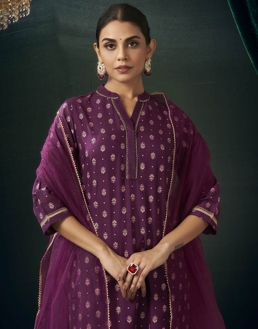 Cotton Blend Printed Straight Kurta with Pant & Dupatta