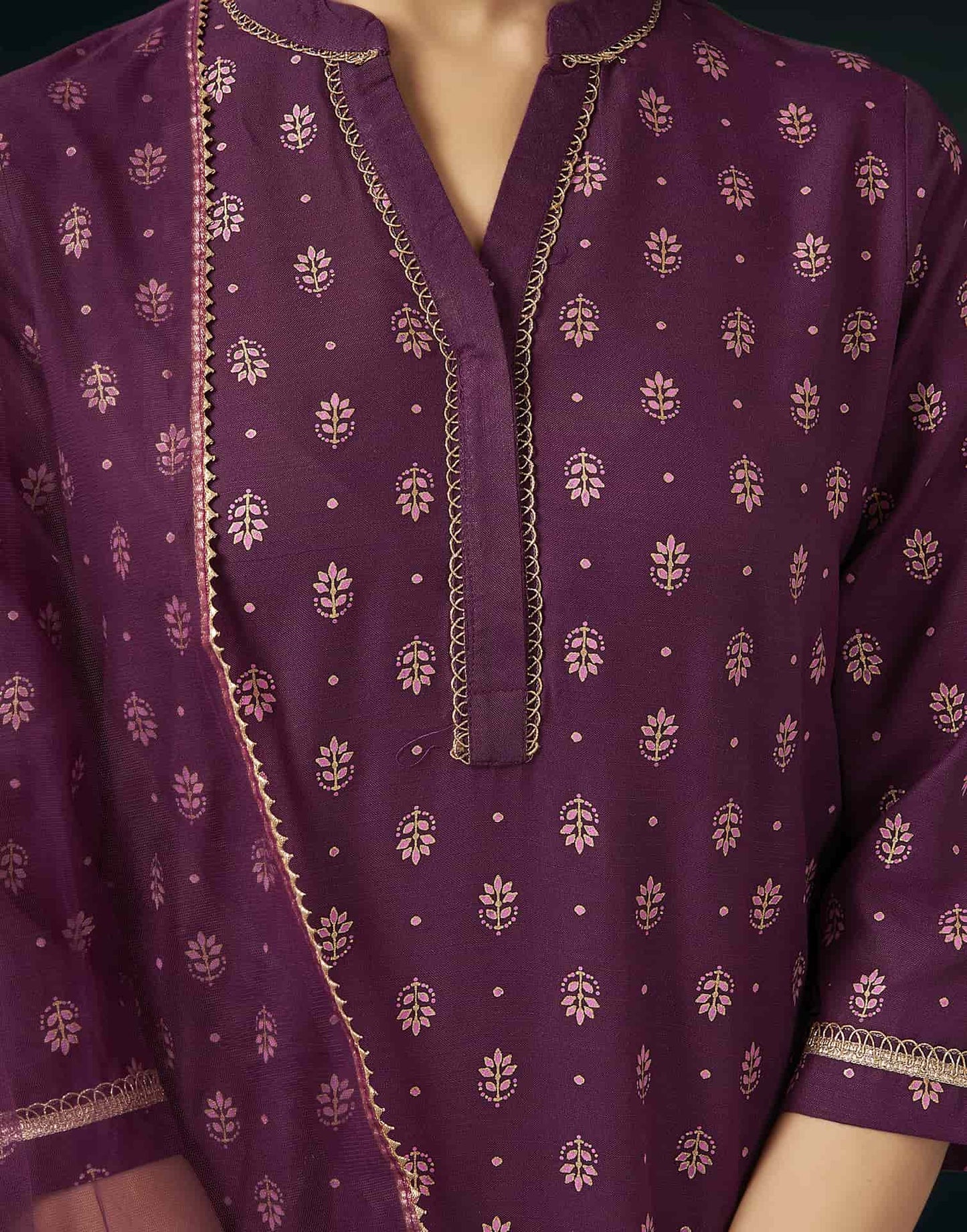 Cotton Blend Printed Straight Kurta with Pant & Dupatta