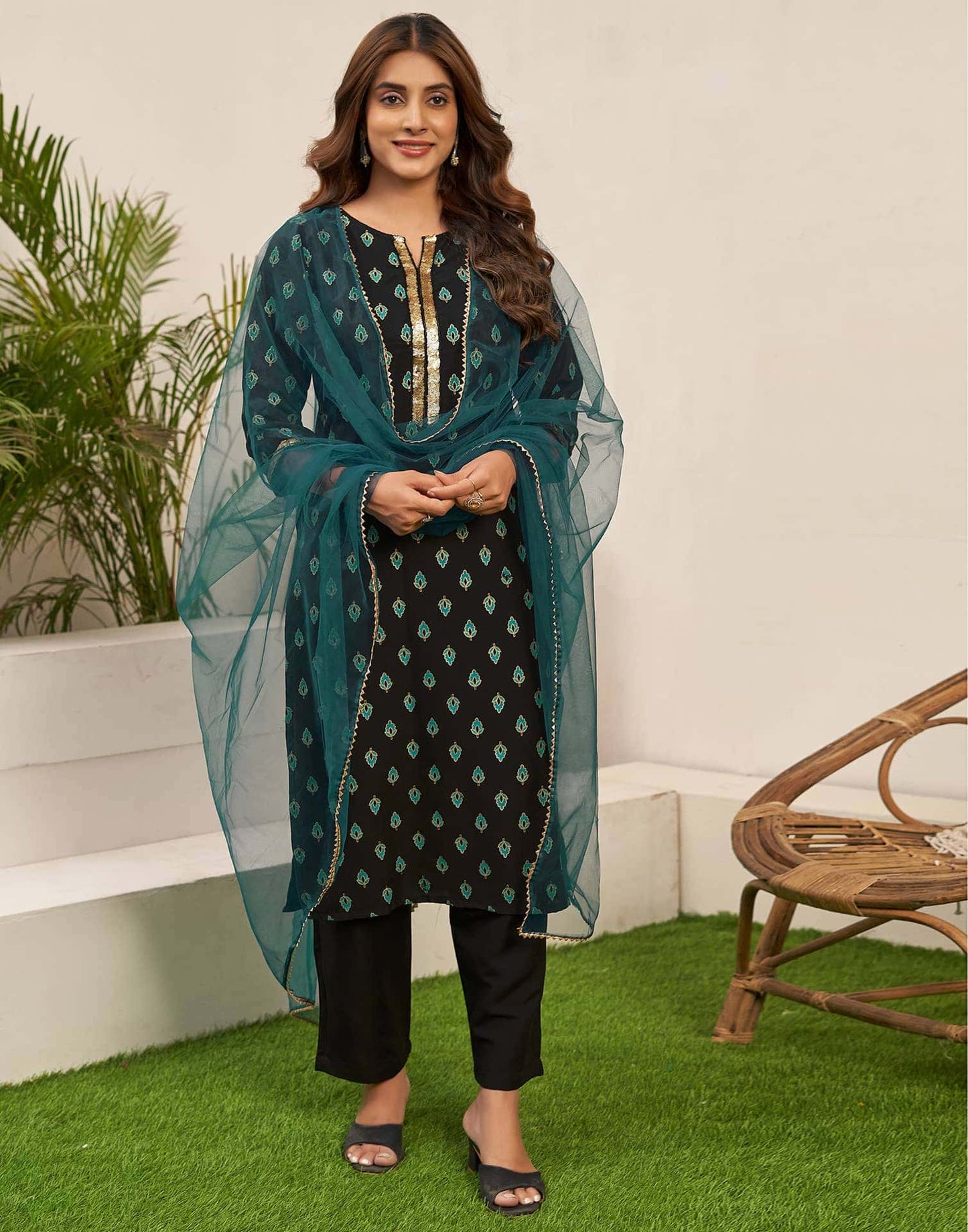Rayon Blend Printed Straight Kurta with Pant & Dupatta