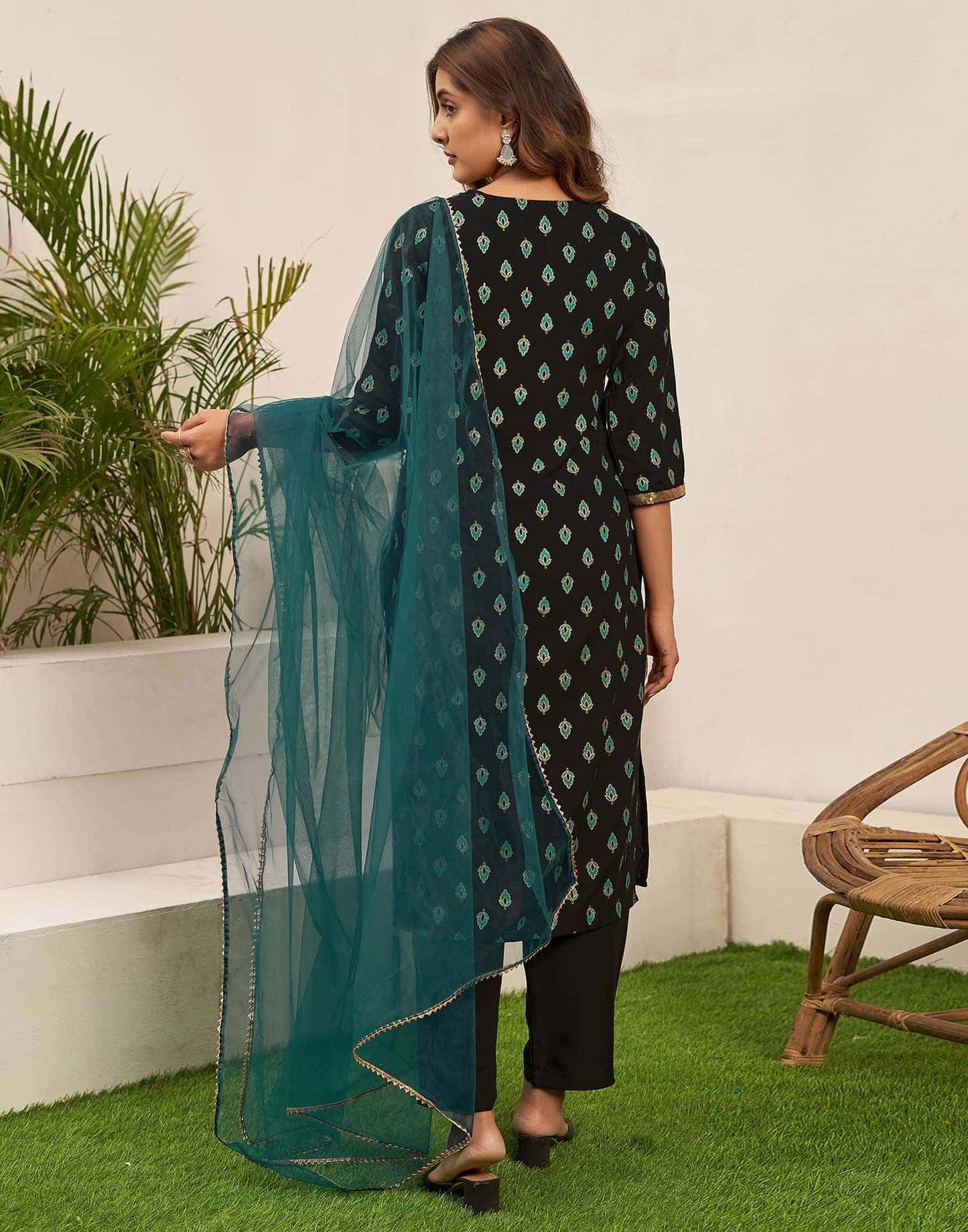 Affordable Black Rayon Printed Kurta Set with dupatta