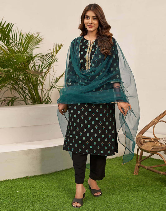 Affordable Black Rayon Printed Kurta Set with dupatta