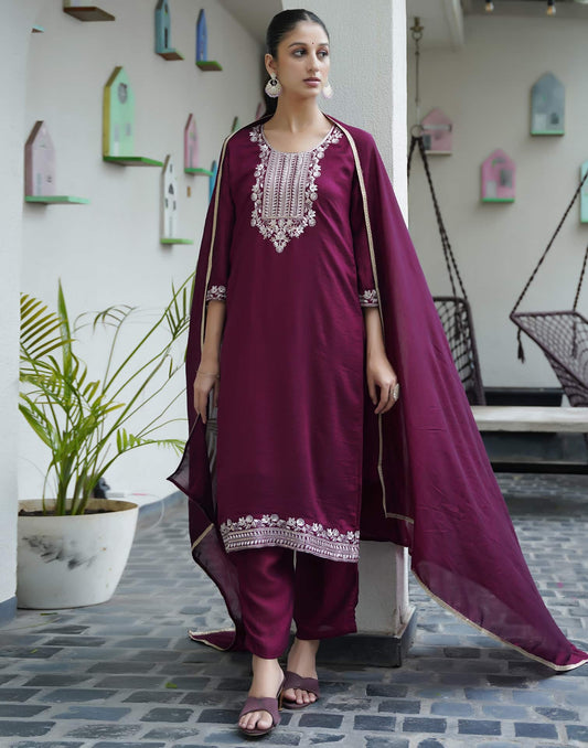 Purple Silk Sequence Straight Kurta Set for Women with Pant and Dupatta