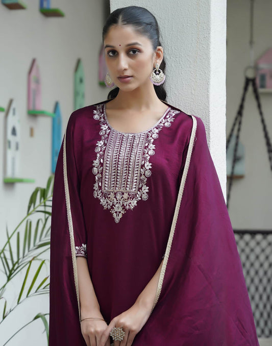 Purple Silk Sequence Straight Kurta Set for Women with Pant and Dupatta