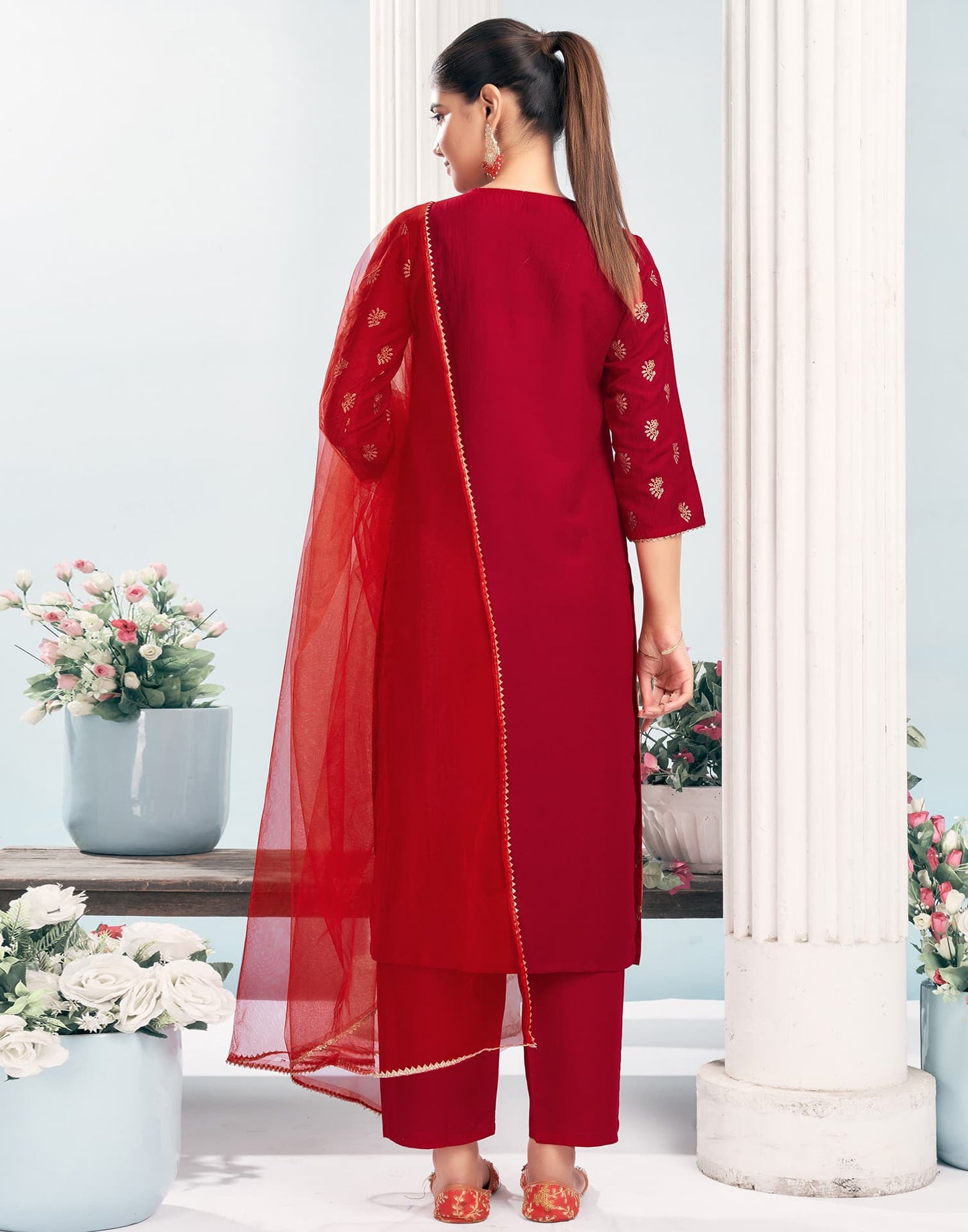 Silk Blend Dyed, Foil Print and Lace Straight Kurta with Pant & Dupatta