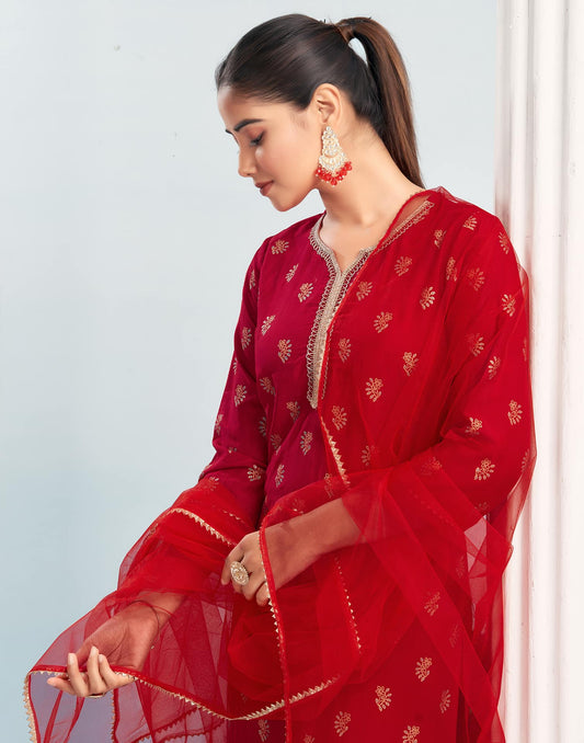 Silk Blend Dyed, Foil Print and Lace Straight Kurta with Pant & Dupatta