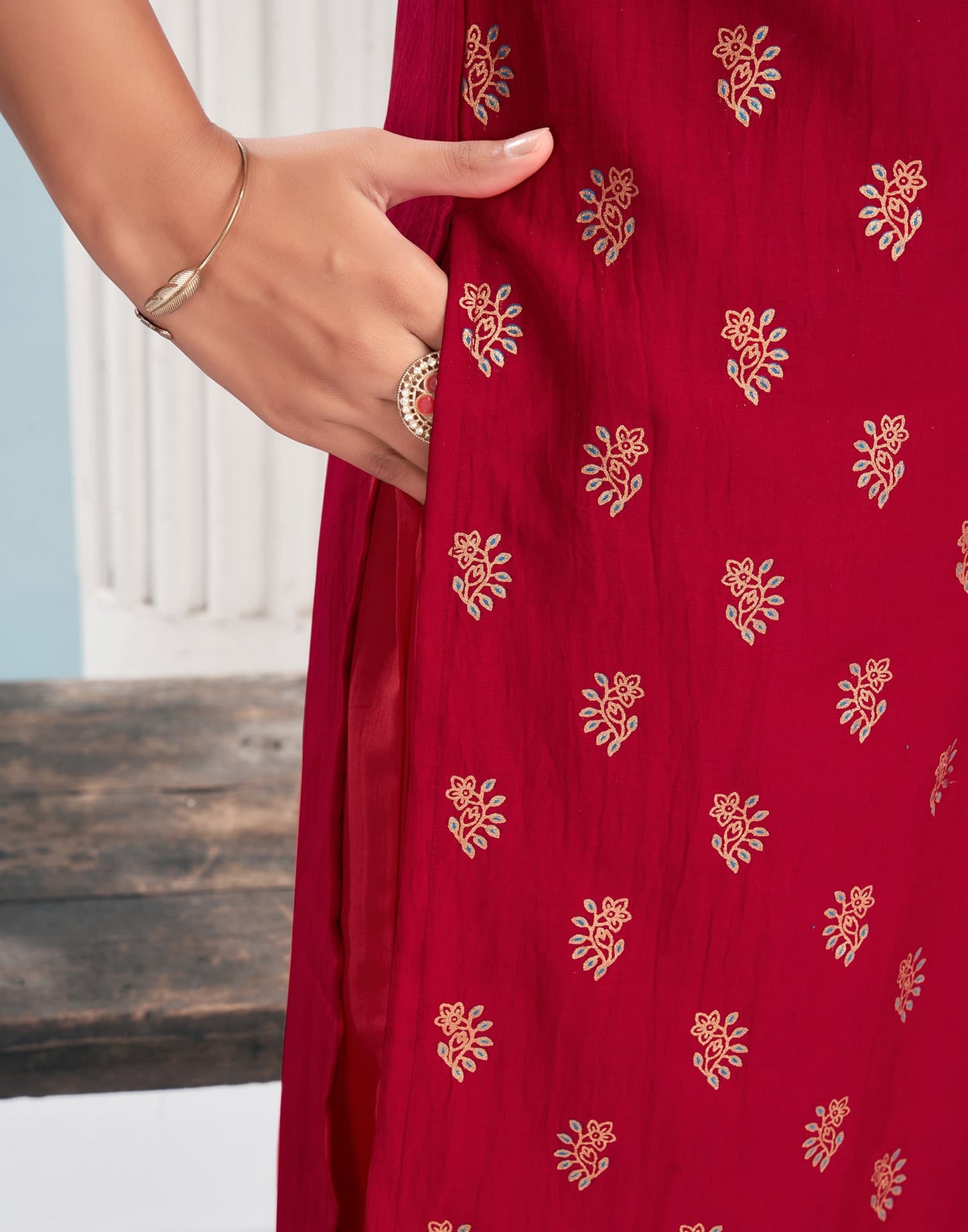 Silk Blend Dyed, Foil Print and Lace Straight Kurta with Pant & Dupatta