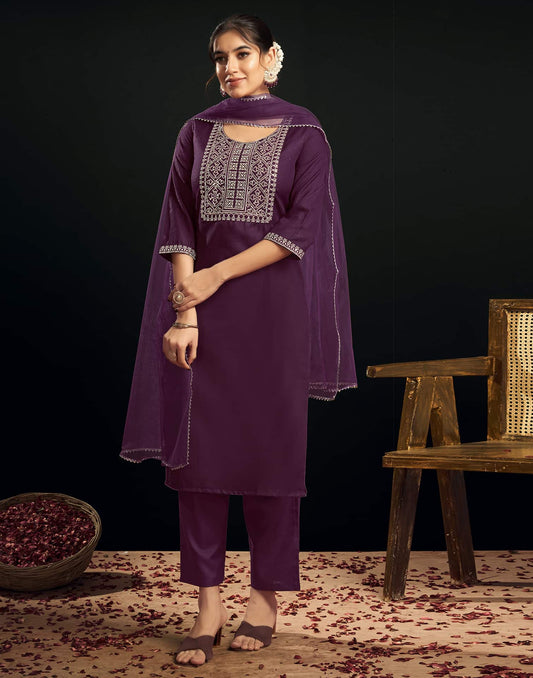 Cotton Blend Embroidery and Sequins Work Straight Kurta with Pant & Dupatta