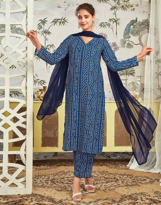 Affordable Dark Blue Bandhani Printed Rayon Kurta set with dupatta