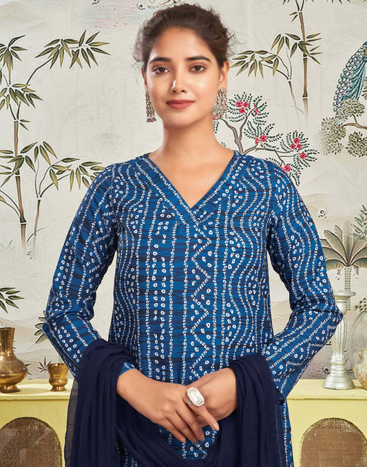 Affordable Dark Blue Bandhani Printed Rayon Kurta set with dupatta