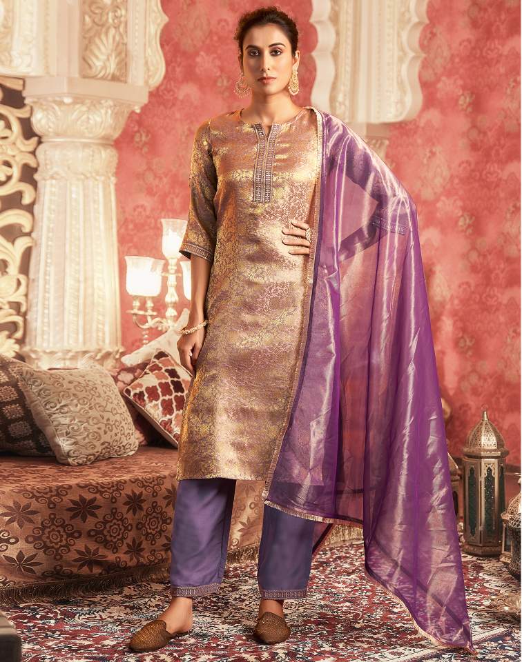 Dusty Purple Silk Plain V Neck 3/4 Sleeve Straight Kurta Set With Pant & Dupatta