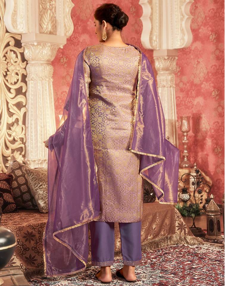 Dusty Purple Silk Plain V Neck 3/4 Sleeve Straight Kurta Set With Pant & Dupatta