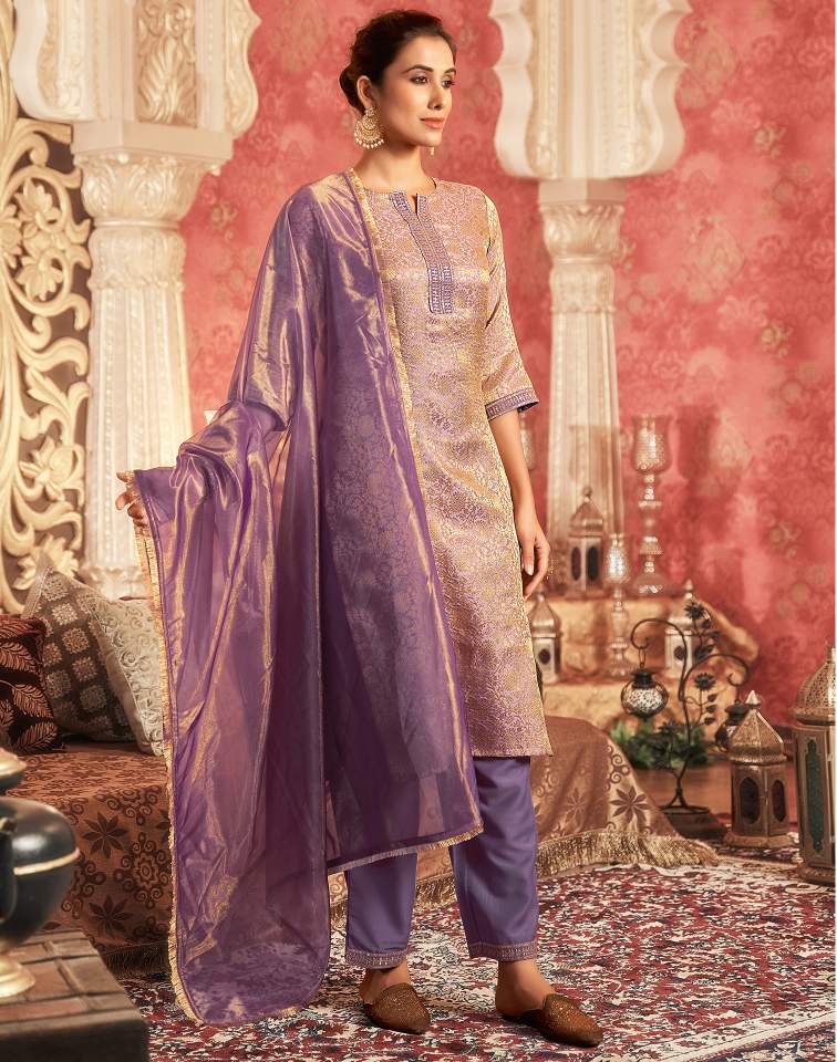 Dusty Purple Silk Plain V Neck 3/4 Sleeve Straight Kurta Set With Pant & Dupatta