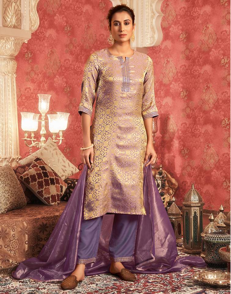 Dusty Purple Silk Plain V Neck 3/4 Sleeve Straight Kurta Set With Pant & Dupatta