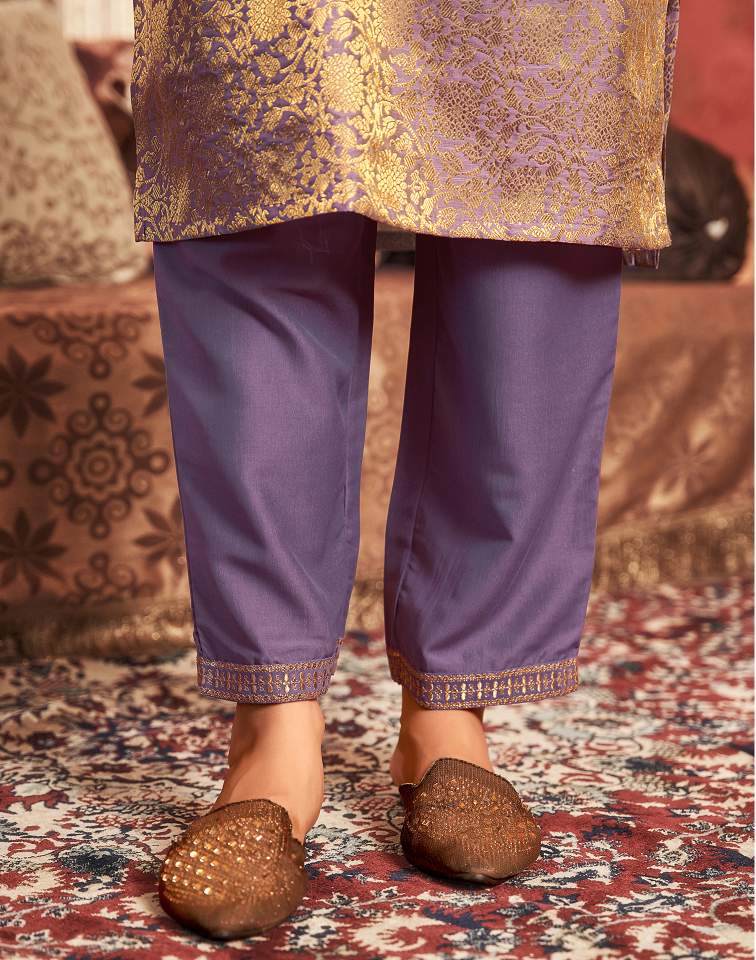 Dusty Purple Silk Plain V Neck 3/4 Sleeve Straight Kurta Set With Pant & Dupatta