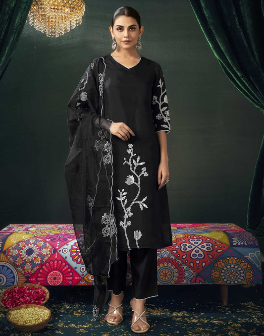 Silk Blend Embroidered Straight Kurta with Pant & Dupatta