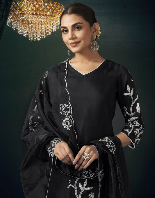 Silk Blend Embroidered Straight Kurta with Pant & Dupatta