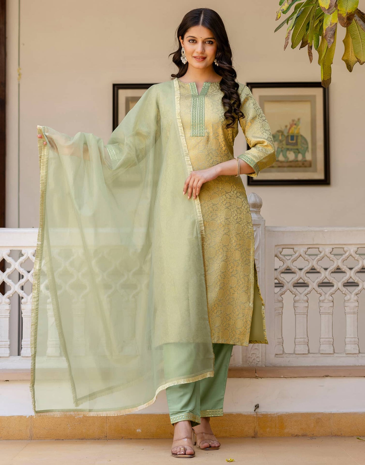 Silk Blend Weaving AndEmbroidery Lace Straight Kurta with Pant & Dupatta