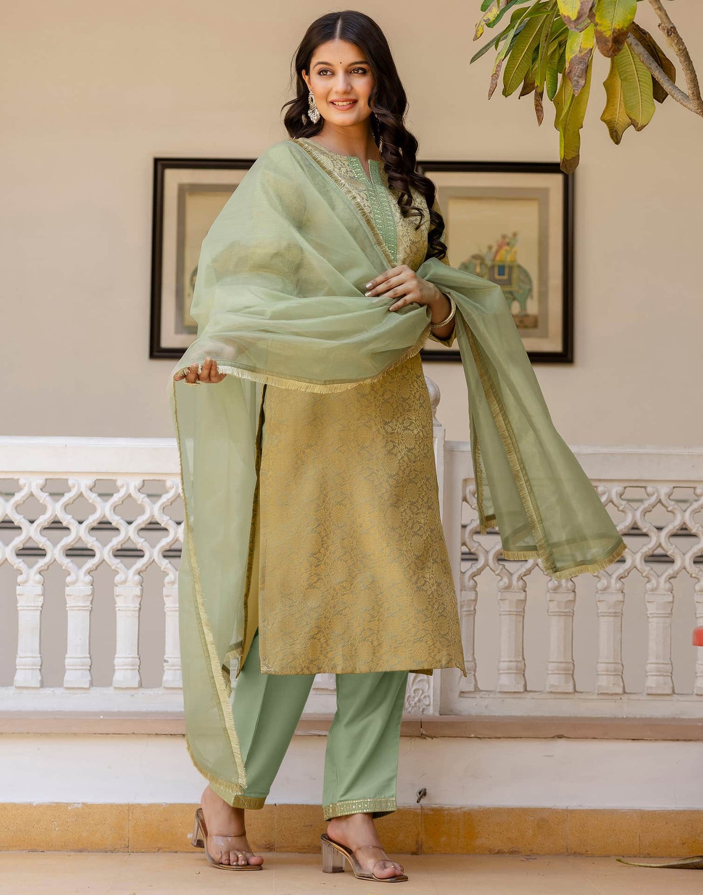 Silk Blend Weaving AndEmbroidery Lace Straight Kurta with Pant & Dupatta