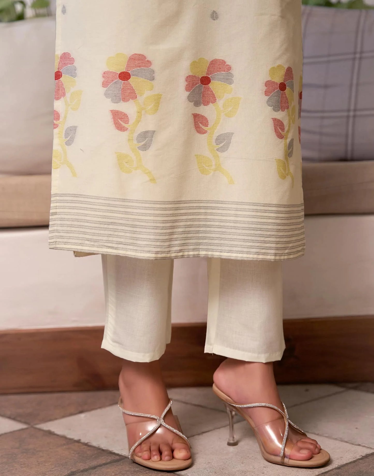 Cotton Solid and Jacquard A-Line Kurta with Pant & Dupatta