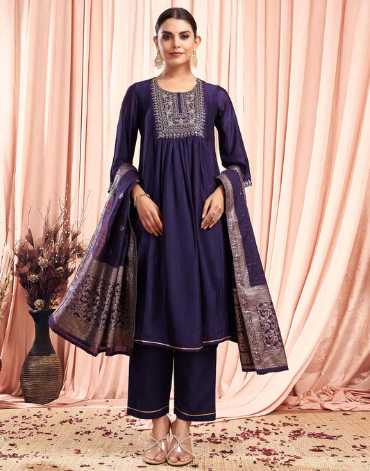 Silk Blend Embroidered Anarkali Kurta with Pant & Dupatta
