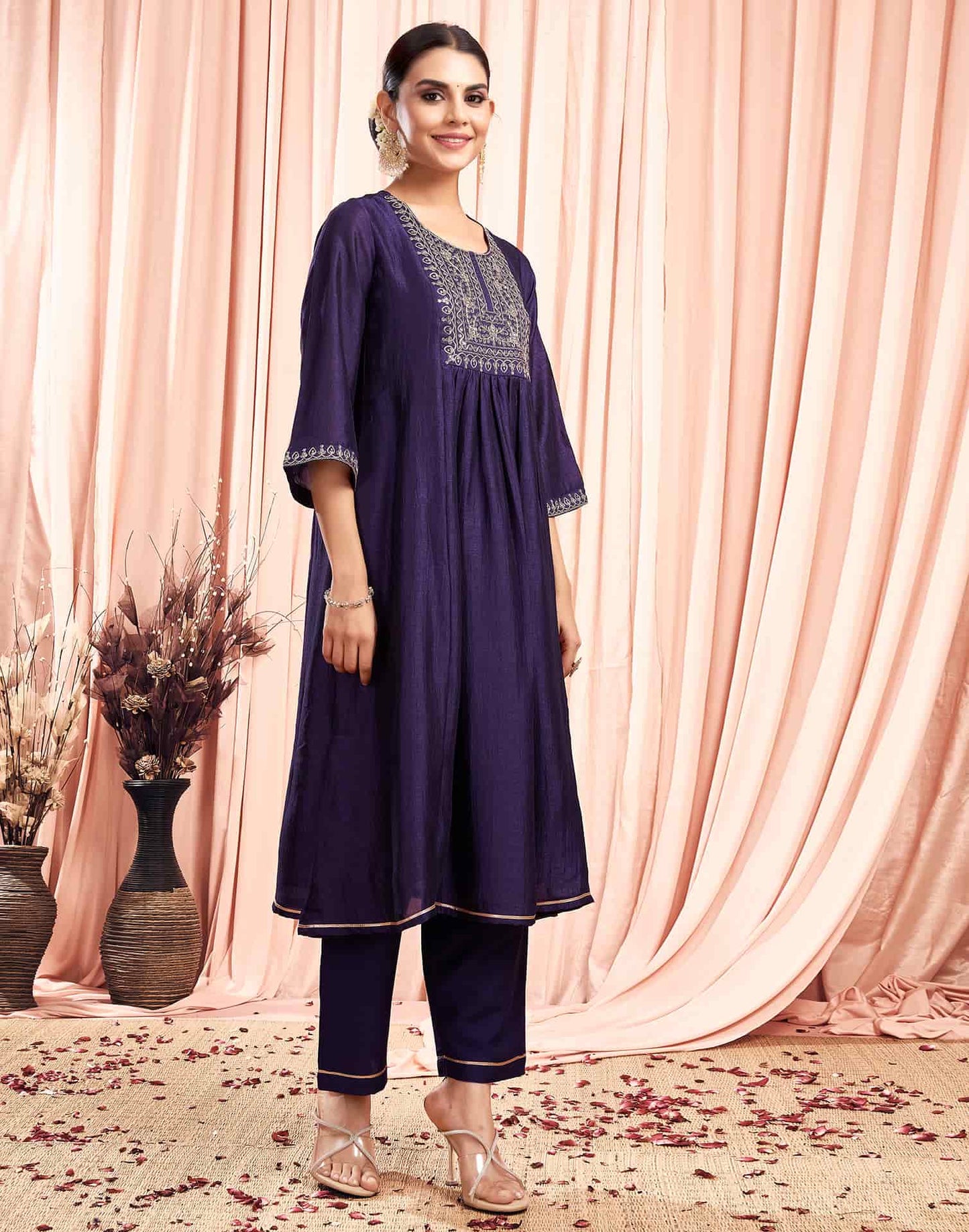 Silk Blend Embroidered Anarkali Kurta with Pant & Dupatta