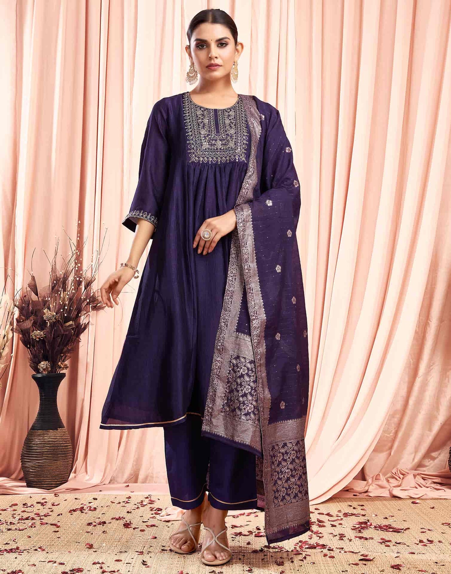 Silk Blend Embroidered Anarkali Kurta with Pant & Dupatta
