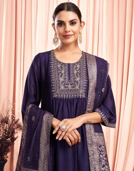 Silk Blend Embroidered Anarkali Kurta with Pant & Dupatta