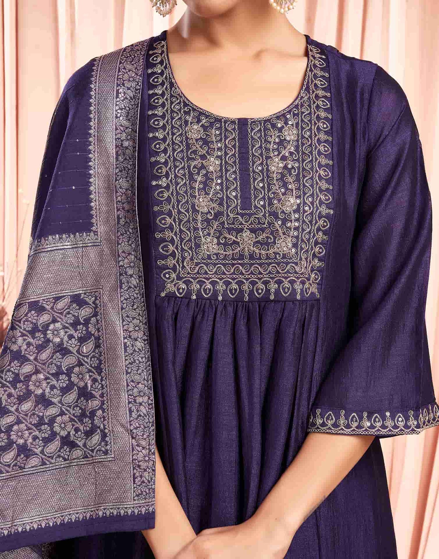 Silk Blend Embroidered Anarkali Kurta with Pant & Dupatta