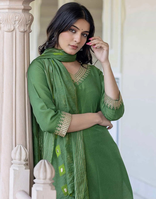 Silk Blend Sequins, Embroidery and Lace Straight Kurta with Pant & Dupatta