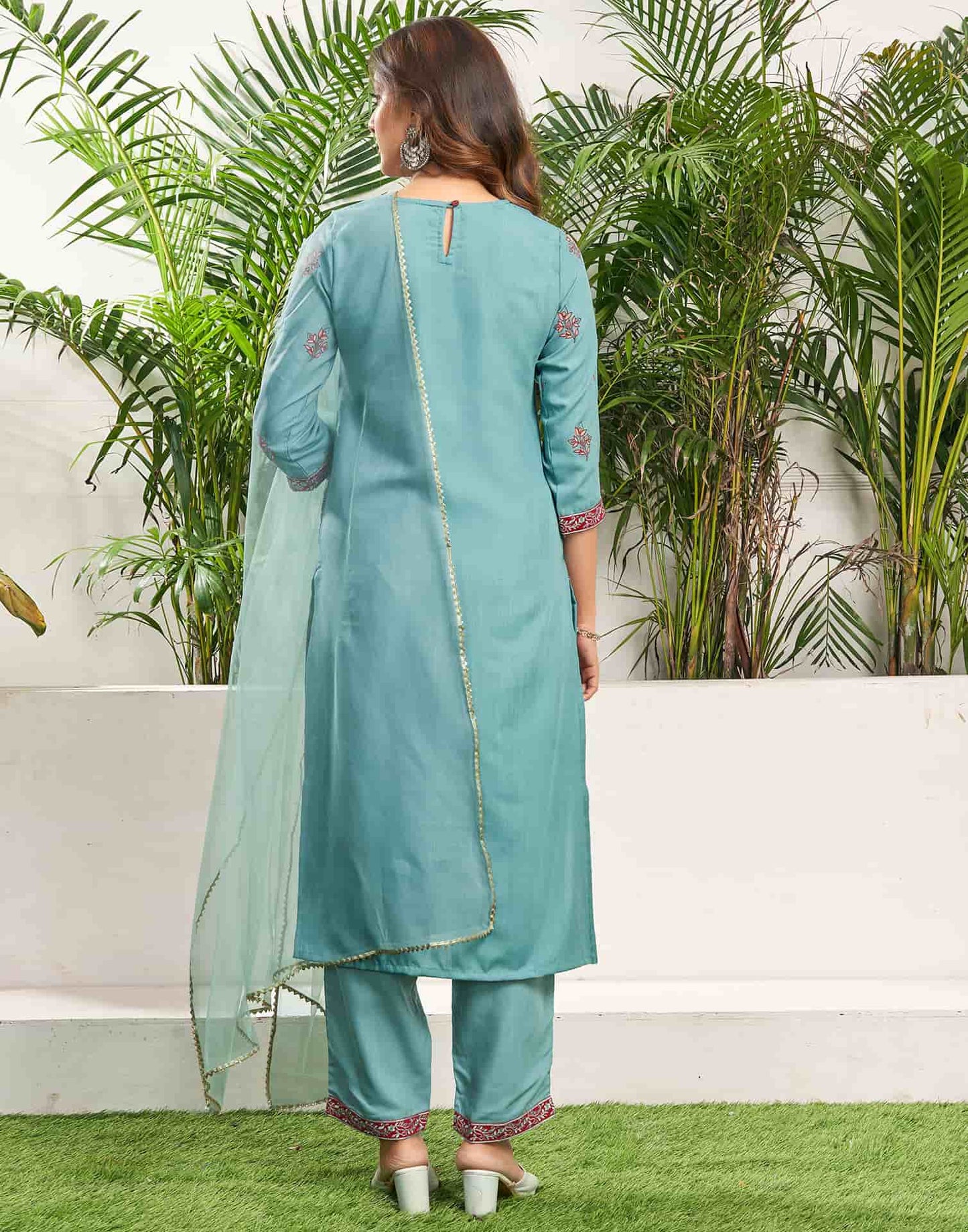 Cotton Blend Embroidered Straight Kurta with Pant & Dupatta