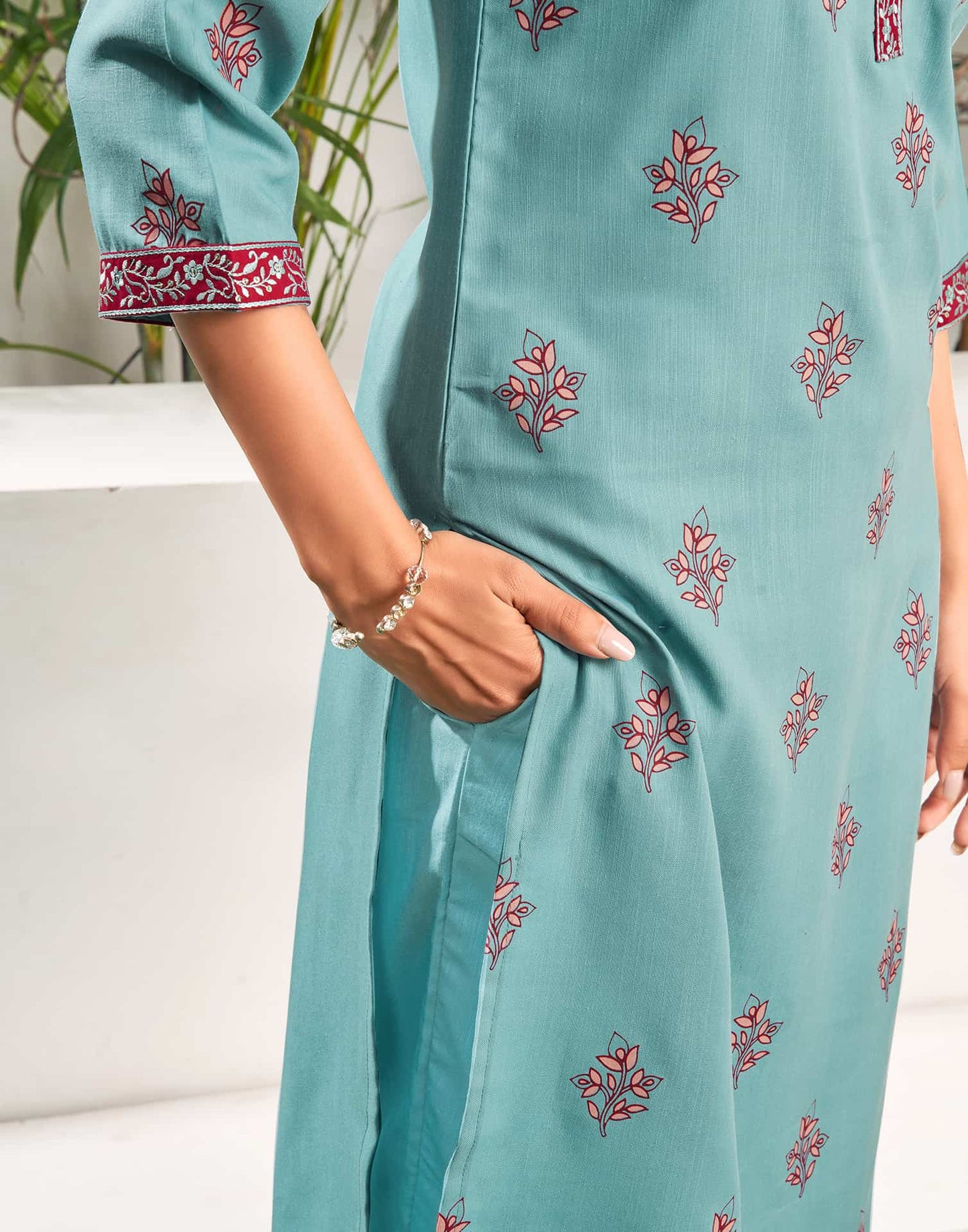 Cotton Blend Embroidered Straight Kurta with Pant & Dupatta