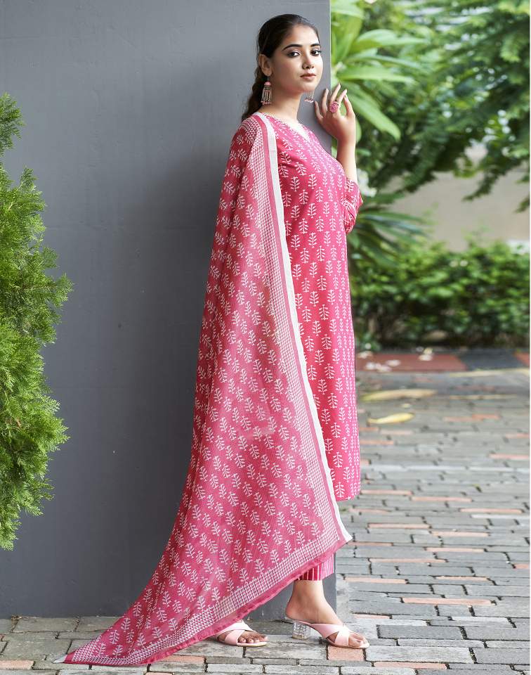 Pink Silk Printed V Neck 3/4 Sleeve Straight Kurta Set With Pant & Dupatta