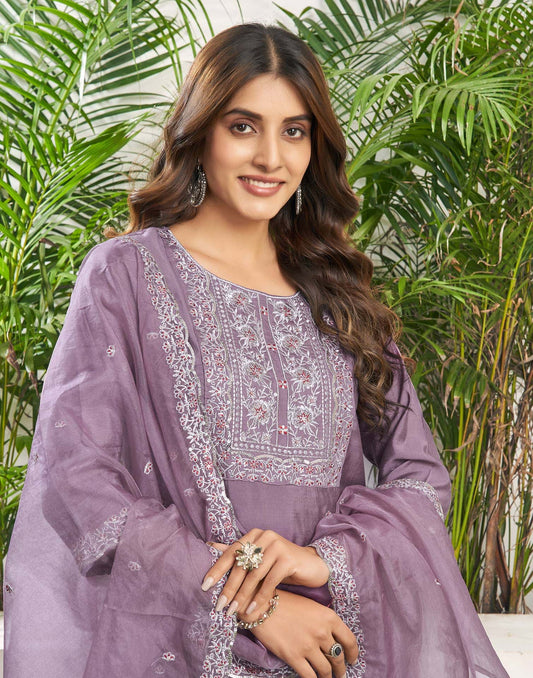 Affordable Dusty Purple Silk Embroidered Festive Kurta Set with dupatta