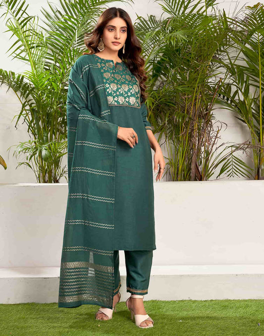 Silk Blend Woven Straight Kurta with Pant & Dupatta
